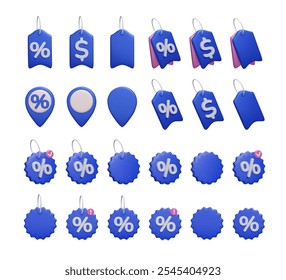 Big bundle of blue 3D discount price tags icon set. Promo special offer label, dollar price tag, discount voucher, percent sign sale shopping sticker 3d render vector icon set isolated on white.