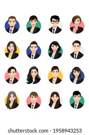 Big bundle of business people avatars. Set of male and female portraits. Men and women avatar characters. User pic, face icons for representing person in a video game, Internet forum, account. Vector