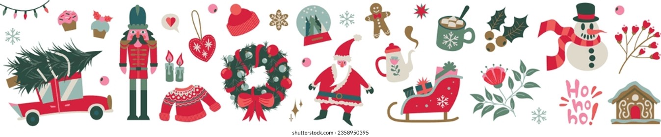 Big bundle christmas. Vector illustrations isolated on a white background. Pictograms of pullover, candle, decorations, socks, presents