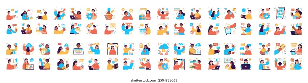 Big bundle of color concepts with people scene in flat cartoon design. Startup, cyberspace and many other topics are depicted in this collection with yellow, blue and red colors. Vector illustration.