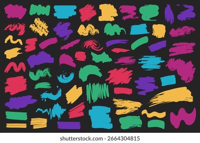 Big bundle of colorful hand-painted shapes, swirls, forms, brush strokes, and doodle elements. Trendy abstract minimalist vector with grunge effect.
