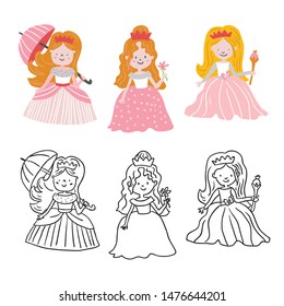 Big Bundle cute collection of beautiful princesses  color and black and white outline. Cute hand drawn cute little princesses in beautiful dresses with crowns, perfect for coloring book. - Vector
