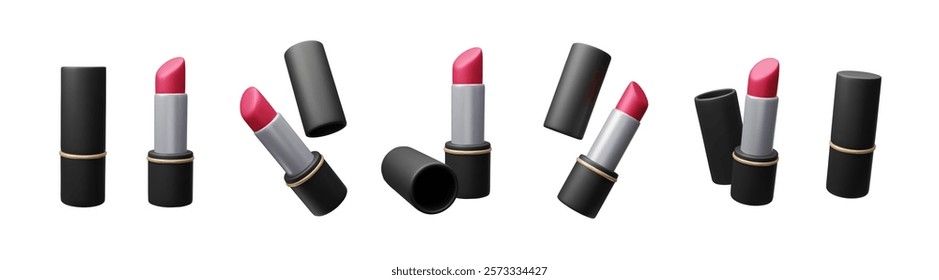 Big bundle of different 3D lipsticks isolated on white. Luxury glamour beauty fashion makeup red lipstick in a black glossy case 3D realistic render. Korean decorative cosmetic icon set.