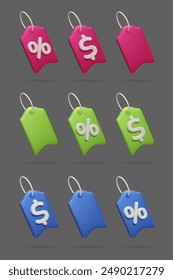 Big bundle of different 3D price tags isolated on dark. Set of colorful 3D dollar price tag, discount percent label and empty gift tags vector design elements. Special offer, sale discount promo set.