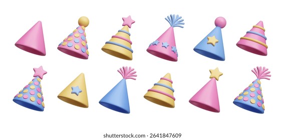 Big bundle of different colorful birthday cone hats isolated on white background 3D style vector icon set. Happy birthday surprise party celebration decor set. Cute cartoon style fun birthday caps.