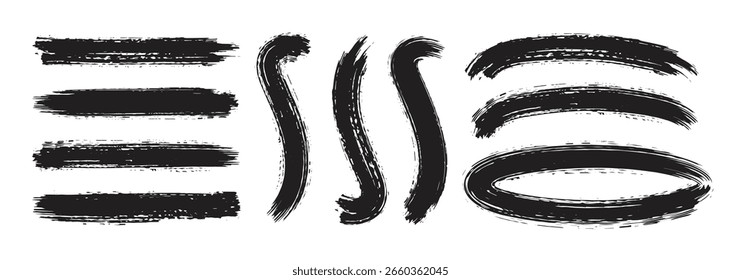  Grande pacote de diferentes pinceladas de tinta: desenhos à mão livre retangulares, quadrados e redondos. Manchas de tinta, linhas pintadas sujas, design artístico.