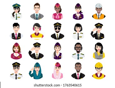 Gran manojo de avatar de diferentes personas. Juego de retratos profesionales de equipo de aerolíneas. Personajes avatares de hombres y mujeres. Imagen de usuario, iconos faciales para representar a una persona en un videojuego, vector de foro de Internet