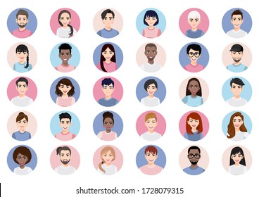 Big bundle of different people avatars. Set of male and female portraits. Men and women avatar characters. User pic, face icons for representing person in a video game, Internet forum, account. Vector