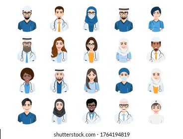 Big bundle of different people avatars. Set of medical or doctor team portraits. Men and women avatar characters.