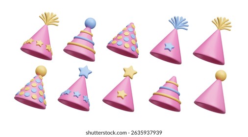 Big bundle of different pink 3D style cone birthday hats isolated on white. Happy birthday surprise party decor: triangle conical hat striped and dotted, with colorful stars and tassels. 3D icon set.