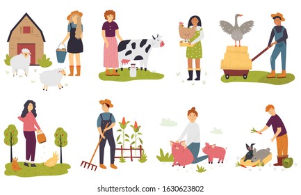 Big bundle of farmers taking care of domestic animals cow, sheep, pigs, rabbits, hen, goose. Rural scenes  at countryside with funky characters