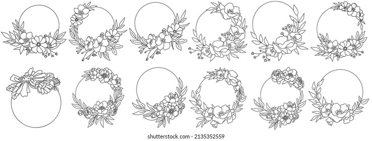 Big bundle of floral frames. Vector hand drawn monogram