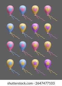 Big bundle of flying colorful air balloons with prints of hearts and stars 3D style vector illustration isolated on dark background. Happy birthday celebration balloons realistic render 3D icon set.