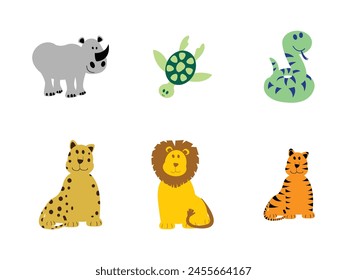 Big bundle of funny domestic and wild animals, marine mammals, reptiles, birds and fish. Collection of cute cartoon characters isolated on white background. Colorful vector illustration in flat style.