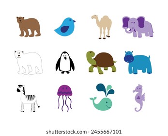 Big bundle of funny domestic and wild animals, marine mammals, reptiles, birds and fish. Collection of cute cartoon characters isolated on white background. Colorful vector illustration in flat style.