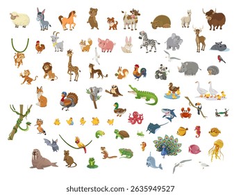 Big bundle of funny domestic and wild animals, marine mammals, reptiles, birds and fish. Collection of cute cartoon characters isolated on white background. Colorful vector illustration in flat style.