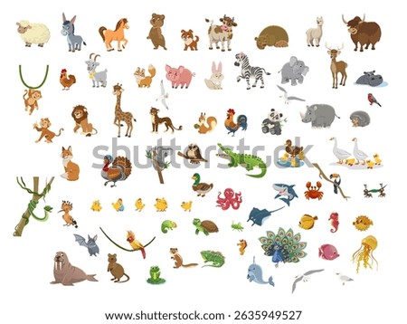Big bundle of funny domestic and wild animals, marine mammals, reptiles, birds and fish. Collection of cute cartoon characters isolated on white background. Colorful vector illustration in flat style.