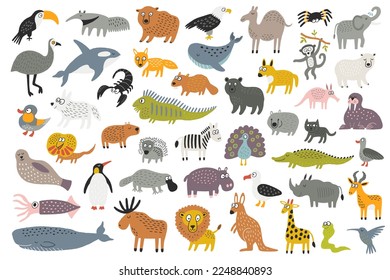 Big bundle of funny wild animals, marine mammals, reptiles, birds and fish. Collection of colorful cute cartoon characters of seven continents. Isolated vector illustration in flat style