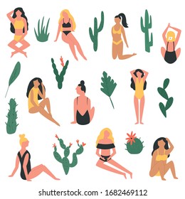 Big bundle of girls in swimsuit and cacti. Vector illustration