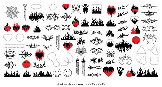 Big bundle of gothic tattoo shapes in y2k style