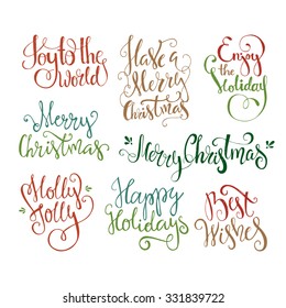 Big bundle of handdrawn Christmas lettering. Unique typography for congratulation cards and invitations. Isolated on white background.