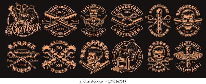 Grandes ilustraciones en conjunto para el tema de la barbería en estilo vintage. Estas ilustraciones vectoriales son perfectas para diseños de prendas de vestir, logotipos y muchos otros usos.
