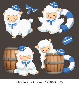 Gran grupo de lindas y aisladas ovejas graciosas, póster de fondo de animales Colección, personajes de dibujos animados en el concepto de niños, ilustración plana de un vector colorido
