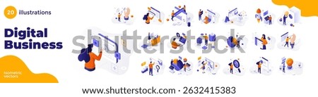 Big bundle of isometric digital business scenes. Conceptual illustrations with characters for problem solving, challenge and discovery. Vector illustration set for website, applications, presentation.
