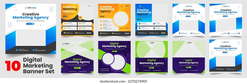 Big bundle mega collection set of 10 Item digital marketing social media post banner template. clean minimal editable square digital marketing web banner or business marketing post banner big set.  