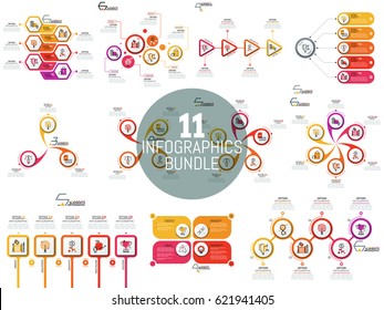 Big bundle of minimal infographic templates, diagrams and charts. Circular and polygonal elements with linear icons and text boxes. Vector illustration for presentation, report, website, brochure.