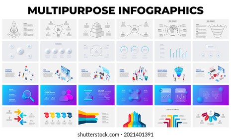 Big bundle with multipurpose infographics for business presentation. Neumorphic, doodle, isometric, glassmorphism and arrows elements.