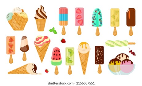 Big bundle of Popsicles and ice cream cones with berries and fruits and vanilla ice-cream isolated on white background. Simple tasty cute appetizing sweets collection. Flat Art Vector Illustration