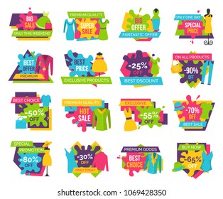 Big bundle of promo badges colorful labels exclusive premium goods choice buy now advertisements clothing apparels dresses, t-shirts and jackets vector