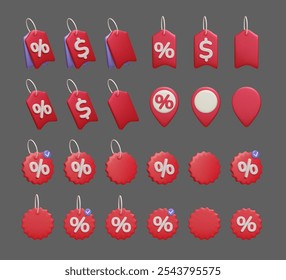 Big bundle of red 3D discount price tags icon set. Promo special offer label, dollar price tag, discount voucher, percent sign sale shopping sticker 3d render vector icon collection.