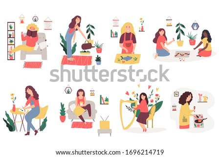 Big bundle of scenes with people enjoying hobbies drawing, reading, playing music, cooking, gardening. Character designs in a flat style