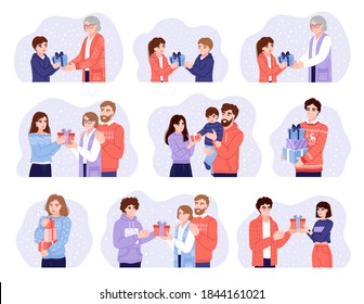 Big bundle of scenes with people presenting and exchanging christmas gifts. Christmas holiday present surprise. Set of hand-drawn characters. Vector illustrations.