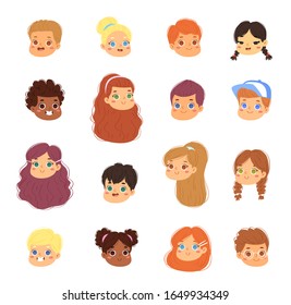 Big bundle set of different multinational children faces. Happy cute boy and girl avatars. Vector illustration of teenagers or pupil kids heads isolated on white background, pic icons for online game