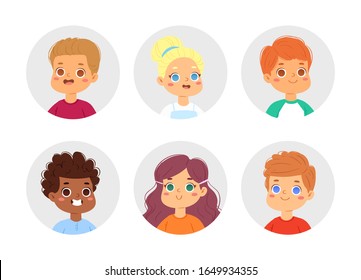 Big bundle set of different multinational children faces. Happy cute boy and girl avatars. Vector illustration of teenagers or pupil kids heads isolated on white background, pic icons for online game