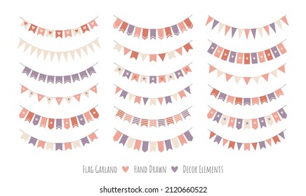 Big bundle set of Scandinavian boho style flag garlands. Colorful children birthday party decor festoon bunting hangings. Cute minimal flag garland decoration for celebration, carnival, festivals.