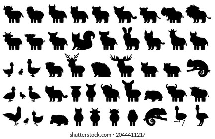 Big bundle of silhouette domestic, farm forest wild animals, birds. Black white vector illustration of collection of cartoon characters isolated on white background