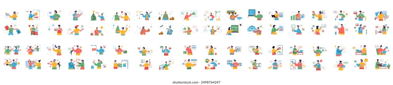 Big bundle of simple color concepts with people scene in flat cartoon design. School, social media, business, shopping and many other topics are depicted in this collection. Vector illustration.