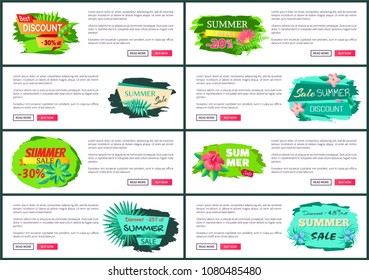 Big bundle summer sale flyers set with push buttons promo tropical banners. Seasonal discount web posters exotic leaves. Summertime off vector pages