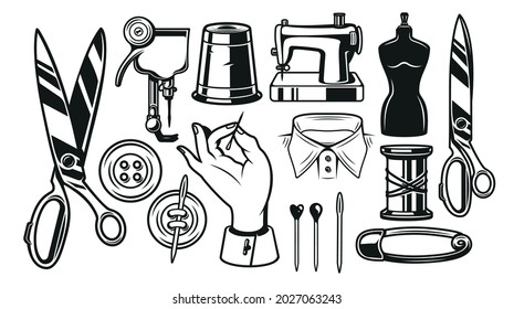 Big bundle vector illustrations of tailor tools on white background