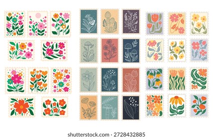 Grande pacote de selos postais botânicos vintage com flores e cogumelos