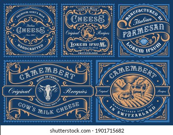 A big bundle of vintage editable cheese labels, all elements are in separate groups and easily editable