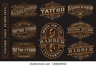 Big bundle of vintage logo templates for the tattoo studio and barbershop on a dark background.All text and text are in separate groups.