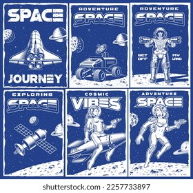 Big bundle vintage space posters with space shuttle, pin up girl astronaut, space rover.This design can also be used as a t-shirt print.