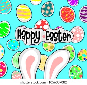big bunny ears and egg on blue back ground,Happy easter concept,Holidays vector.