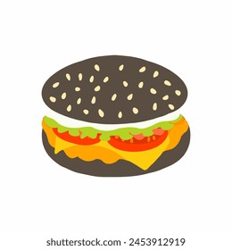 Big burger with black bun, chicken cutlet, fresh tomato, salad leaf, cheese and mayo sauce icon in cartoon flat style. Vector illustration isolated on white background. For menu, poster, restaurant. svg