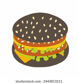 Big burger with black bun, double cutlets and double cheese, cut onion and fresh sliced lettuce leaf. Icon in cartoon flat style. Vector icon isolated on white background. For menu, poster, restaurant